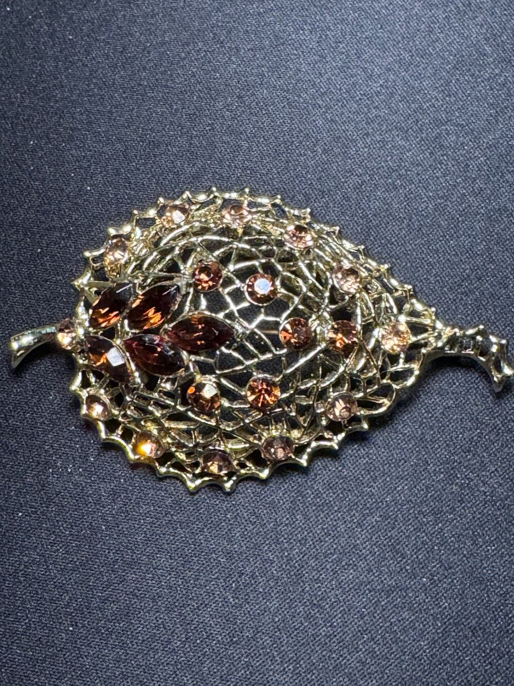 Vintage Statement Leaf Brooch Filigree & Rhinestones Mid Century